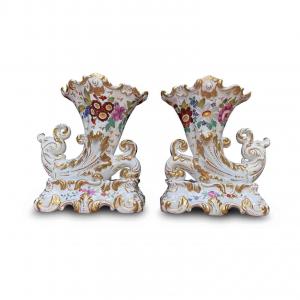 Pair of French Porcelain Cornucopia Vases Late 1800s
